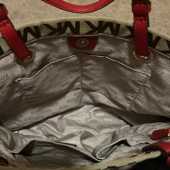 Michael Kors Signature Classic Monogram MK Tall Jet Set Tote in Brown/Tan/Red. - Picture 9 of 11